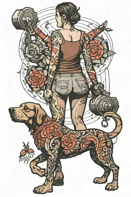 A Woman In Tights Carrying Dumbells Walking Away With A Small And Big Dog Following Her