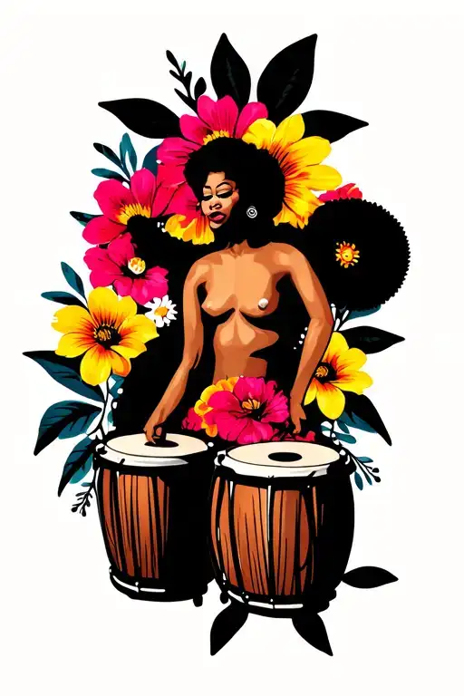 Conga And Tumbadora Musical Instrument With Bongos And Background Flowers