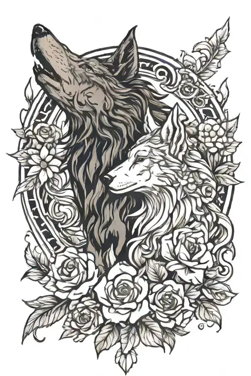Warrior Godess And Wolf Howling With Flowers Intertwined