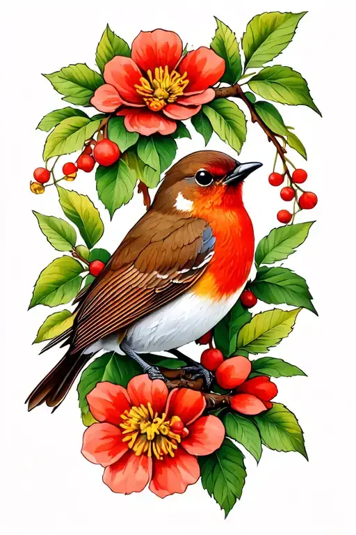 Robin Perched On Hawthorn Flower