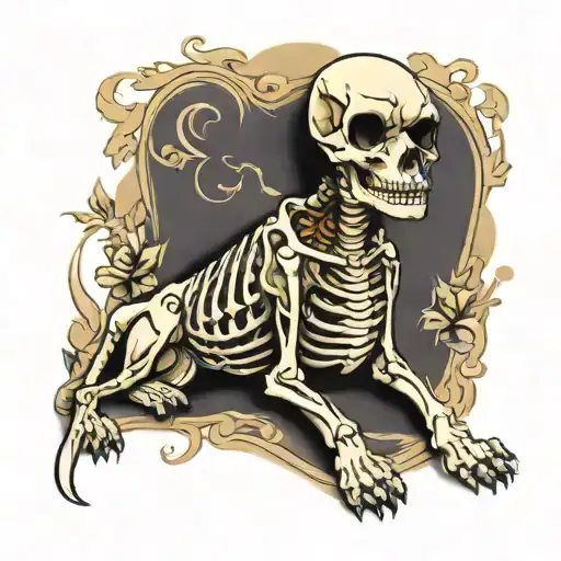 Create A Image In Traditional Tattoo Style Of A Skeleton Dog Sitting With A Human Skeleton