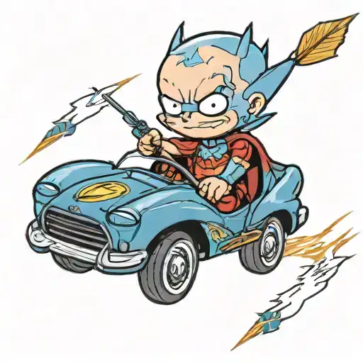 Stewie Griffin With The Avatar Blue Arrow Wearing A Batman Costume While Driving Lightning Mcqueen