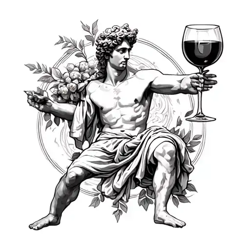 Young Greek God Of Wine Dionysus Full-length With Legs Tattoo Sketch Black White Outline