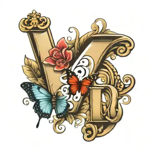 The Letter R With Hearts And Crown And Butterfly