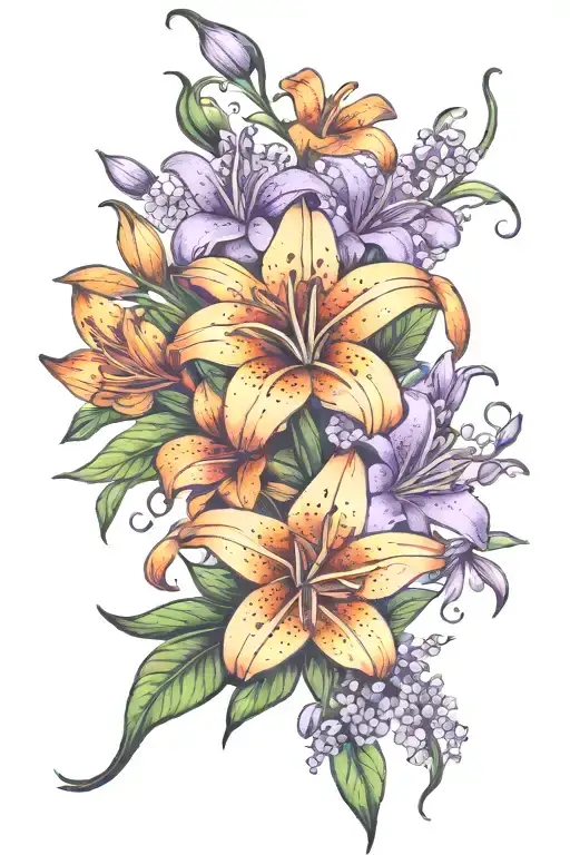 Orange Tiger Lily And Purple Lilac Flower