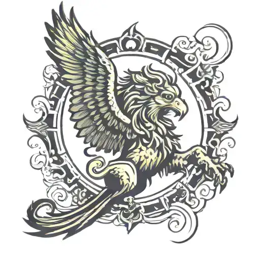 Sun Rising Phoenix Bird Flying Towards Lion