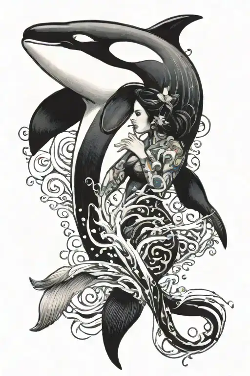 Orca With Girl Under Water Waves