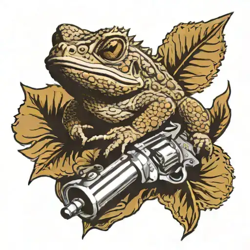 Horny Toad Lying Next To A Revolver