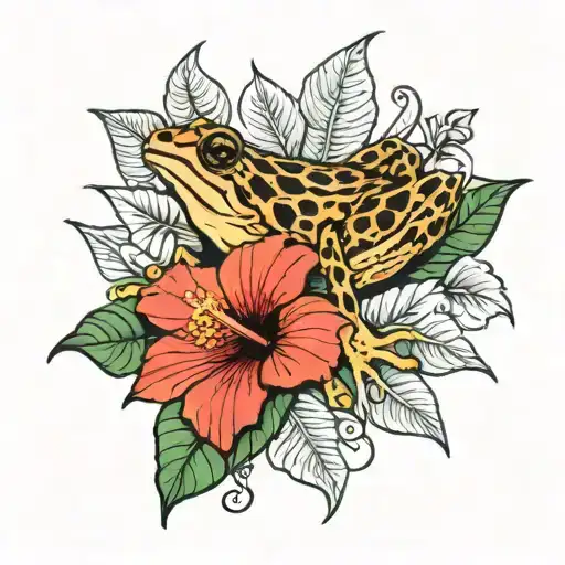 Coqui Frog On Leaf With Hibiscus Flower Surrounding It