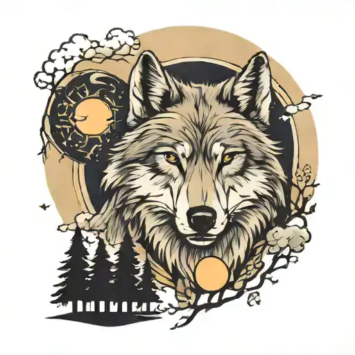Wolf With Moon And Trees In Backround