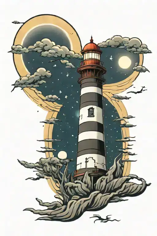 Light House With Rays And Rottweiler In The Moon