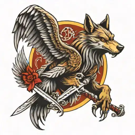 Tattoo Men Wolf And Eagle And Sword And Soldier