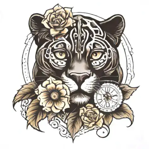 Black Panther With 2 Clocks And Flowers