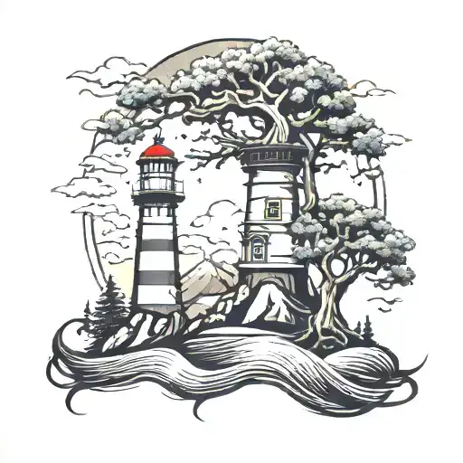 Oak Tree Intertwined With Lighthouse And Mountains