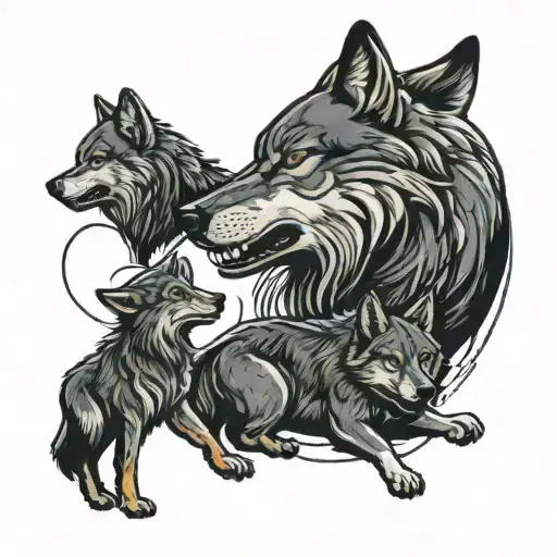 Wolf With 2 Cubs Full Moon Rising Howling Angry