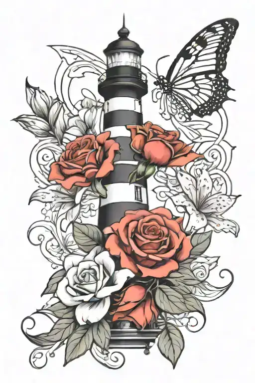 Butterfly Rose Lily Grayscale Realistic Lighthouse