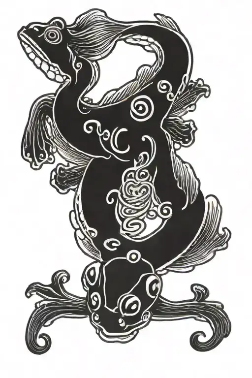 Asian Coi Fish Swimming Upstream Symbolizing Money And Chinese Money Frog