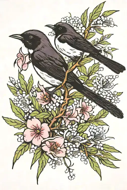 A Willy Wagtail Bird In Front Of A Boronia Plant Growing