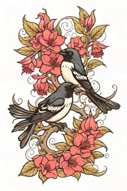 A Willy Wagtail Bird And A Fuschia Plant Intertwined