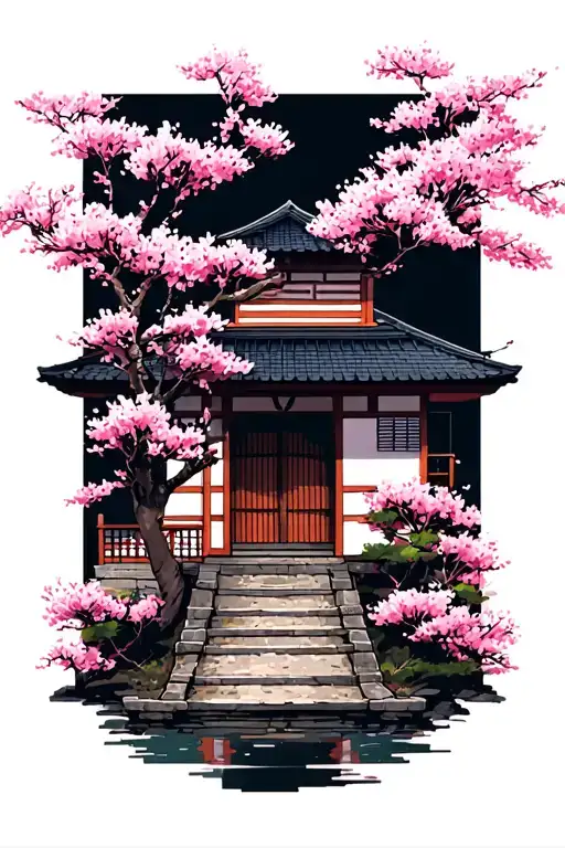 Japanese House With Chery Blossom Tree And Sakura In Background