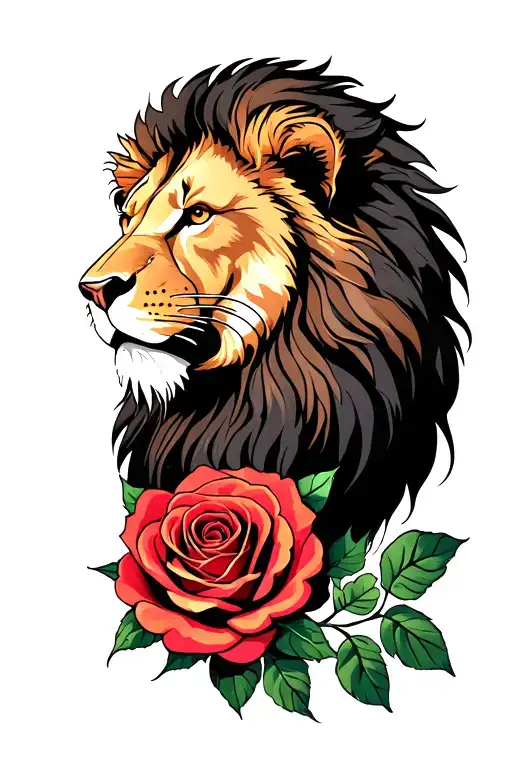 Lion Head With Back To A Small Rose Intertwined On A Small Wrist