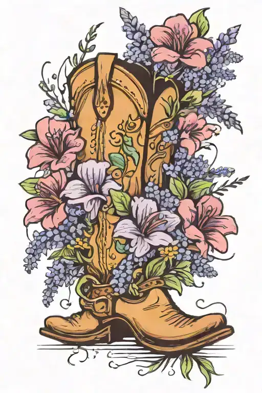 Lavender Flowers Around A Cowboy Boot With Wild Flowers Coming Out Of The Boot
