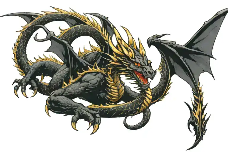 Laying On Both Ahoulders Fully Black Dragon With Golden Halo On Its Head