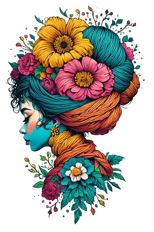 Woman Face Side Profile With Yarn Exploding Out Of Top Of Head Surrounded By Flowers