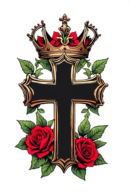 Cross Red Rose Leaves Crown Surrounded