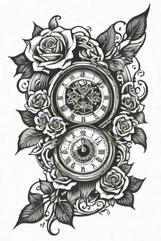 Clock With Eye Inside And Roses Around It In Black And White