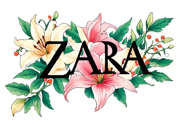 Zara Name With Blooming Lillies And Hawthorn Flowers