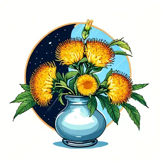 Banksia Flower In A Vase On A Window Sill With A Moon In The Background Through The Window