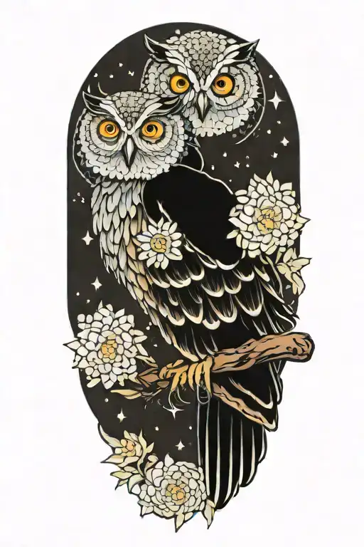 Colorful Owl With A Chrysanthemum And Starry Background