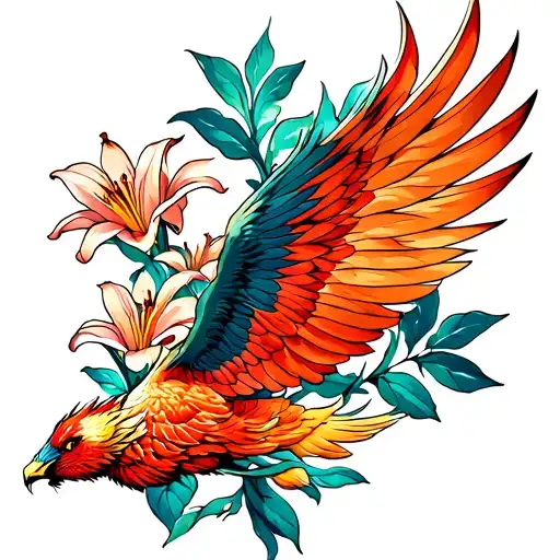 Flying Phoenix With Lillies Blooming