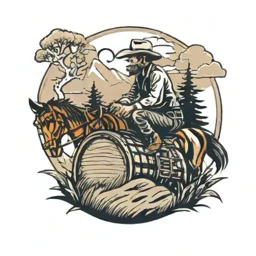 Cowboy On A Haybale Looking At Mountains And Trees