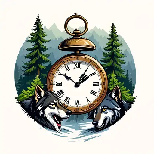 Pine Forest With Pocket Clock And Wolves