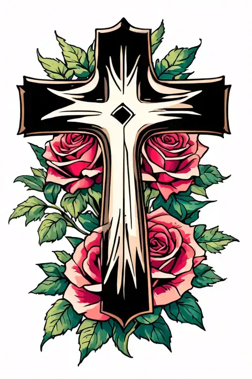 Cross And Roses Blooming
