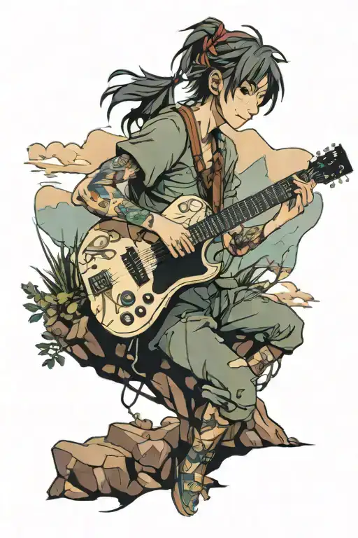 A Neotraditional Style Tattoo Of An Anime Character Playing A Guitar In A Scenic Hiking Landscape