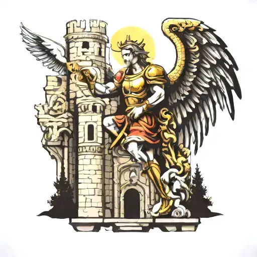 Saint Michael Arc Angel In A Castle With Julius Caesar And Horse