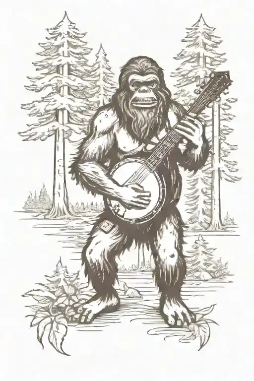Bigfoot Playing The Banjo In A Forest Scene