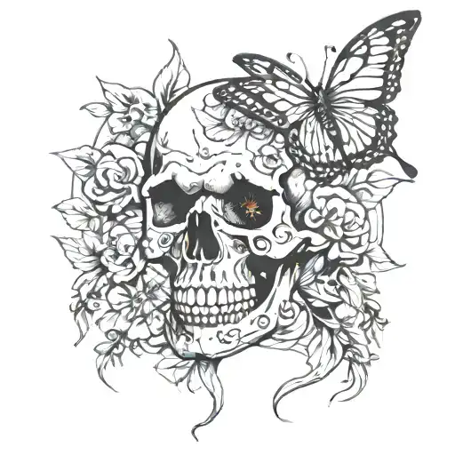 Skull With Flowers And Butterflies
