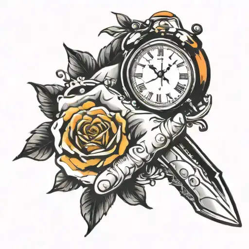 A Knife Piercing A Hand Holding A Clock