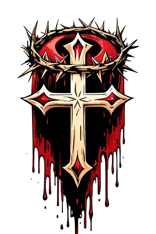 Cross With Crown Of Thorns Blood Dripping From The Crown To The Base