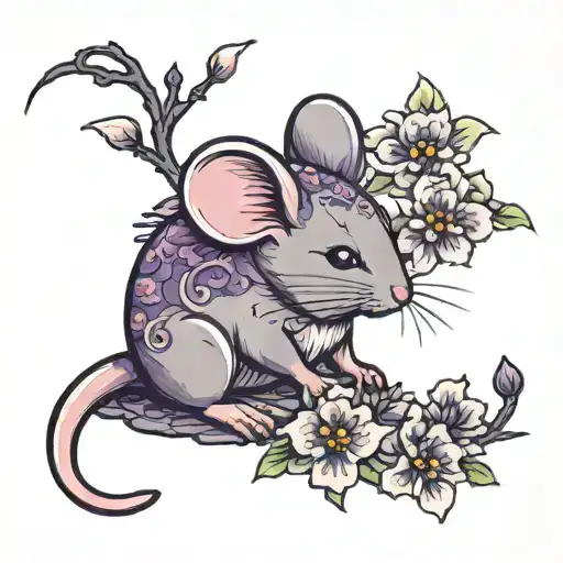 Mouse Holding Purple Japenese Camilla Flower Blooming