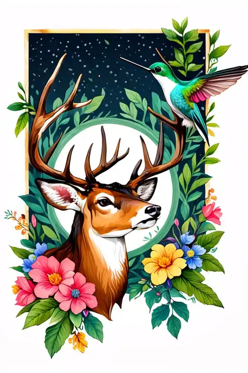 Deer And Hummingbird With Greenery And Flowers