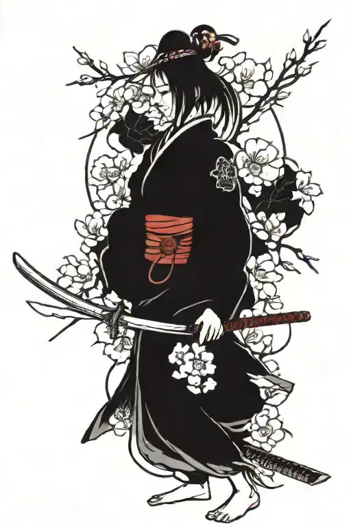Samurai Woman With Sakura Full Length