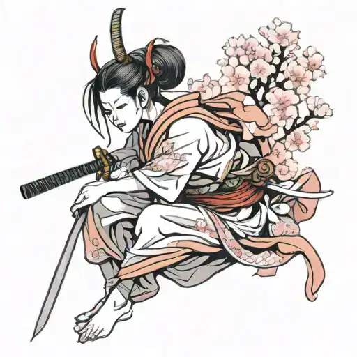 Samurai Woman With Sakura Full Length Without Face