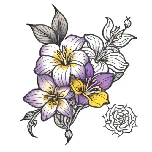 Yellow Buttercup Flower And Purple Plumeria Flower Tattoo Design With No Green Leafs