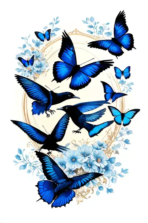 Blue Butterflies And Crows Flying