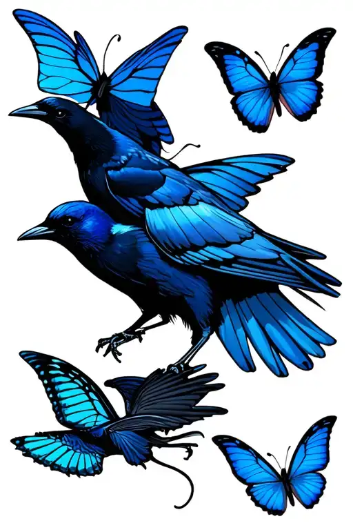 Blue Butterflies Flying With Crows